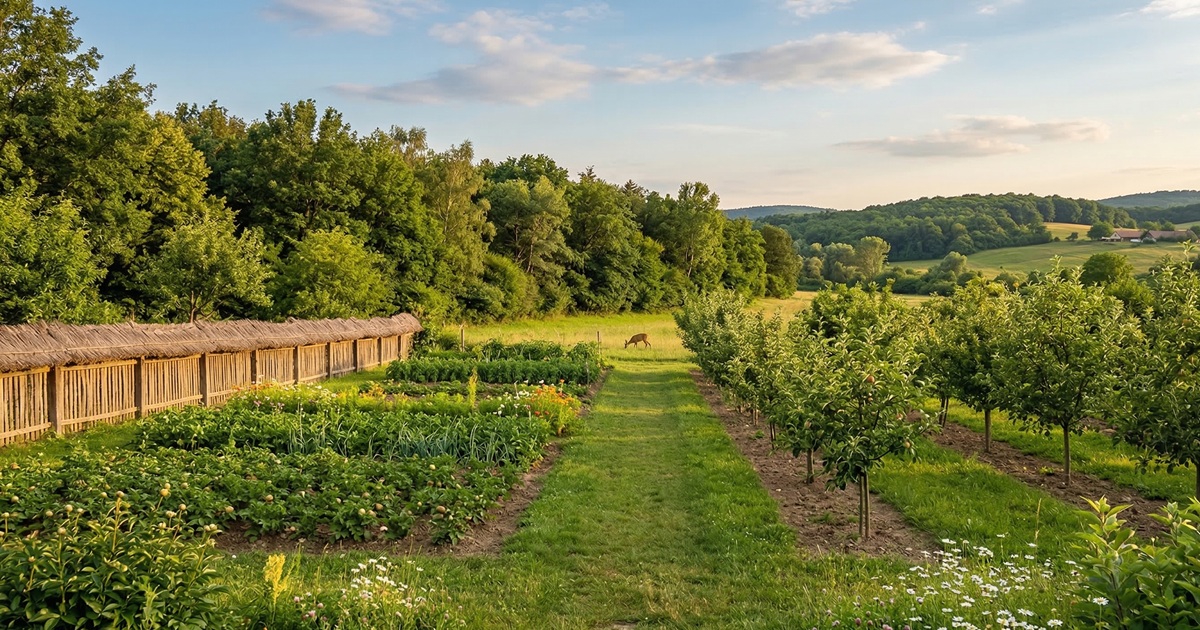 Gyümölcsös és külterületi mezőgazdasági terület erdőszél mellett